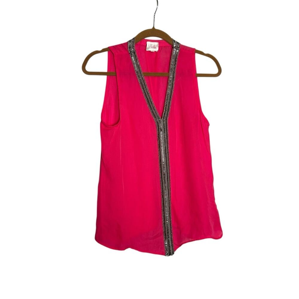 Parker 100%‎ Silk Pink Rhinestone V Neck Sleeveless Blouse Top Shirt Size Small